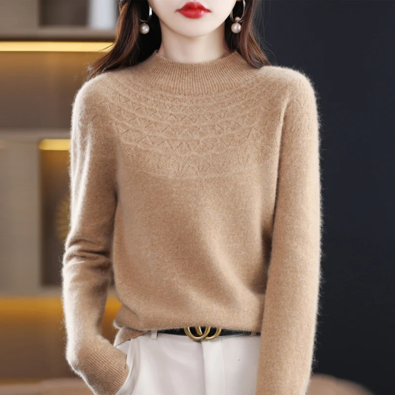 100% pure wool firstline readytowear seamless hollowedout semihigh collar solid color longsleeved sweater female 240713