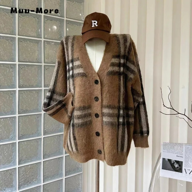 Womens Sweaters retro plain knit long sleeved Vneck loose fitting cardigan winter fashion casual single chest oversized sweater 231118