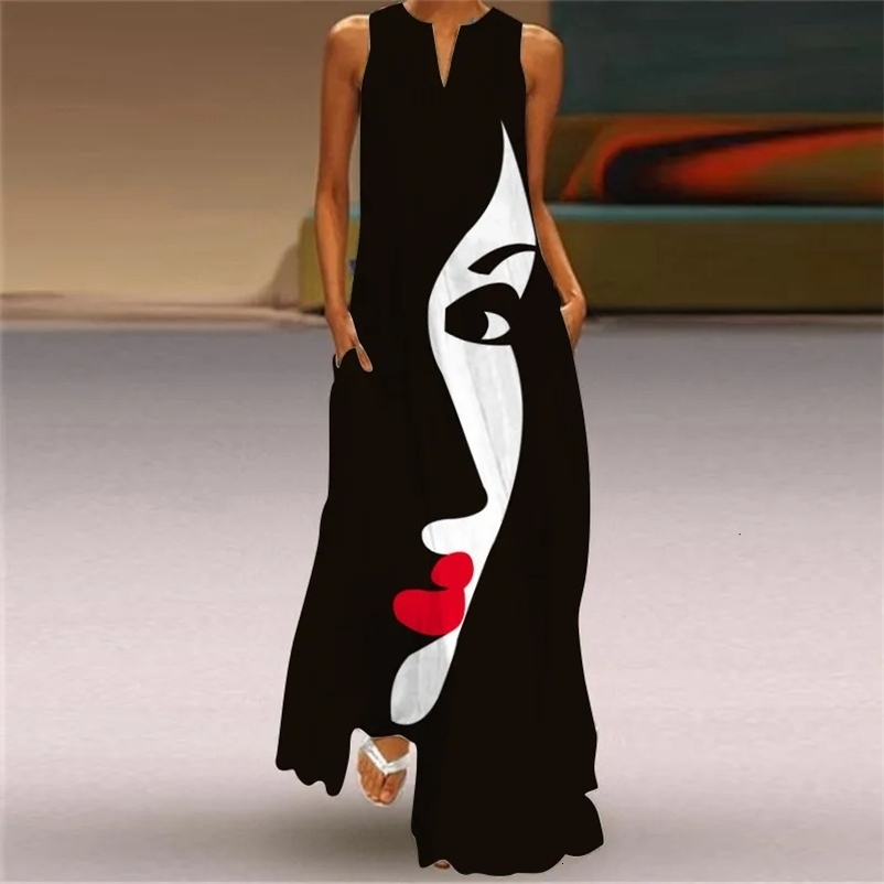 Lady Summer Long Womens Dress Black Sleeveless Loose Face Print Elegant Party Dresses For Women Casual Beach Dress Women 240228