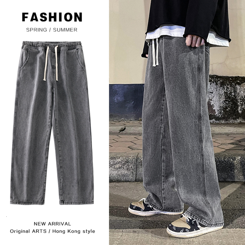 Mens Jeans Korean Fashion Loose Classic Straight Baggy Wide Leg Trousers Street Hip Hop Pants 3XL Black Grey Blue 230420