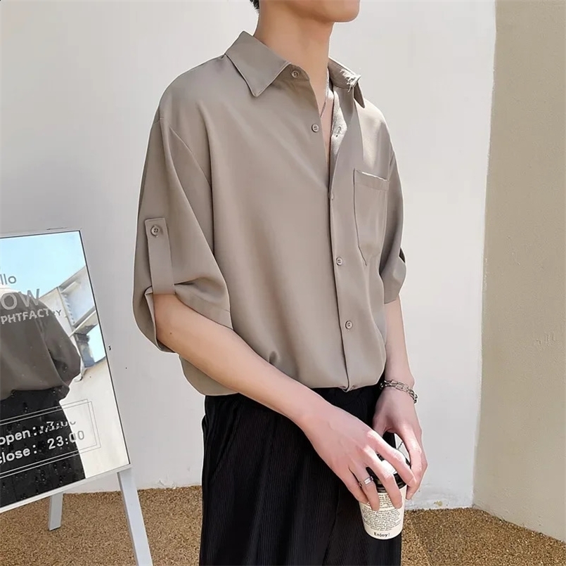 Coffee Color Seven-half Sleeve Ice Silk Shirt For Men Drop Fashion High-end Feeling Korean Style Casual Shirt Sleeves 240724