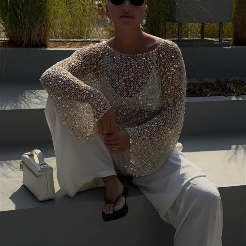 Fashion Sequin Knitted Hollow Out Pullover For Women See Through Elegant O-neck Loose Long Sleeve Sweater Spring Female Chic Top 250313