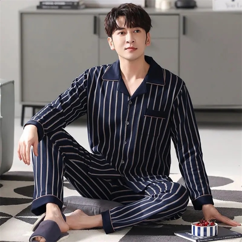 Cotton Plus Size Striped High Quality Pajamas Men Four Seasons Long-Sleeved Lapel Cardigan Homewear Casual Simple Man 2PCS/Set 240929