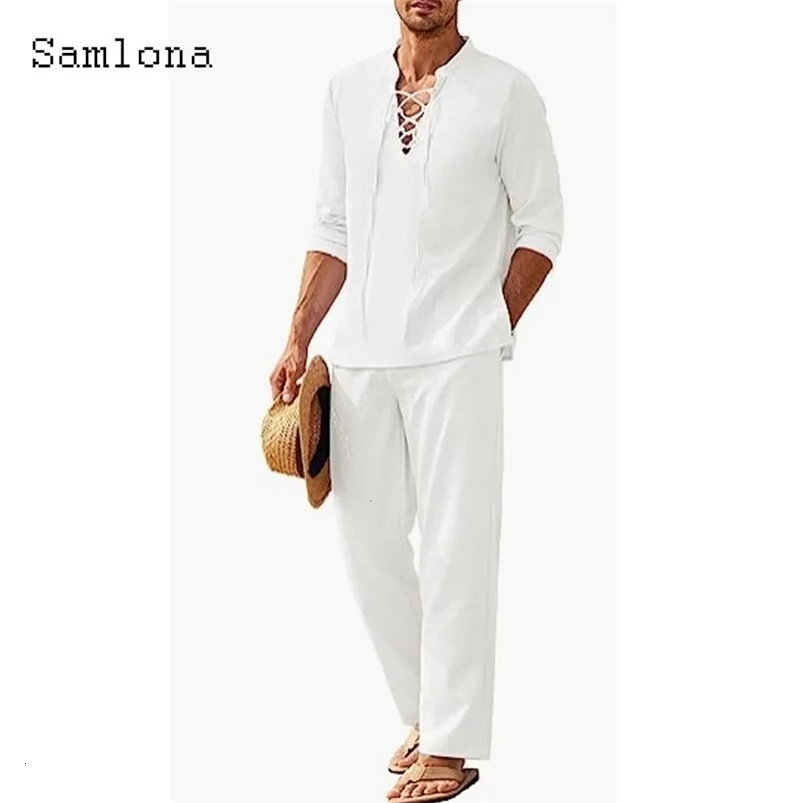 Set di lino casual in due pezzi set in stile europeo in pizzo retrò top e pantaloni dritti bianchi impostati 250318
