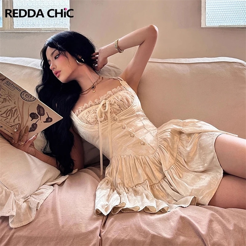 REDDACHiC Medieval Retro Satin Mini Dress Women Stitch Lace Trim Jacquard Ruffle Romper Event Party Cami Dress Desire One-piece 240823