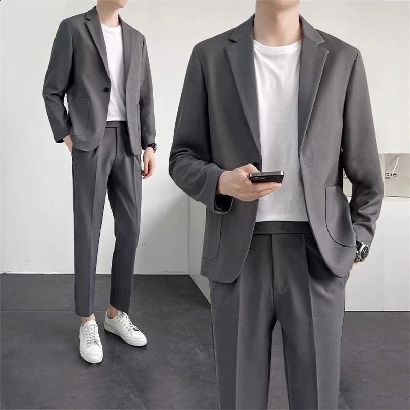Korean Loose Fitting Oversized Suit Set for Men High-end Jacket and Pants Solid Color Suit Set 240726