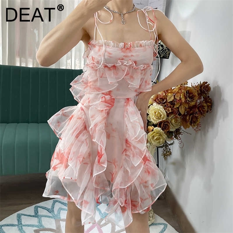 DEAT Women Printing Ruffles Sling Dress Sleeveless Arrivals Lady Sexy Fashion Temperament Spring Summer 11D1888 210709
