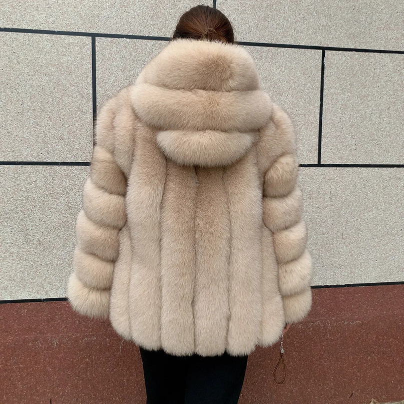 Womens Winter 100% Fox Fur Hoodie Fashionable and Warm Natural Fox Fur Vertical Hoodie High Quality Fluffy Fur 241113