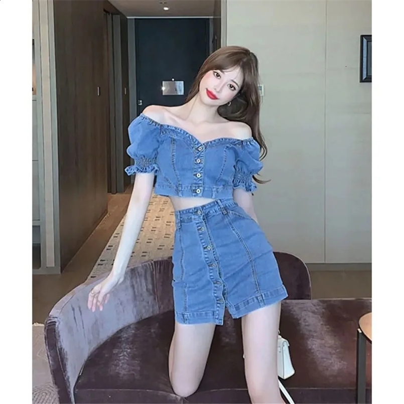 Internet Fried Street Small Fragrant Style Short Denim Coat Midi Skirt Set For Women Summer Sexy Jeans Skirts 2 Piece Suits 240823