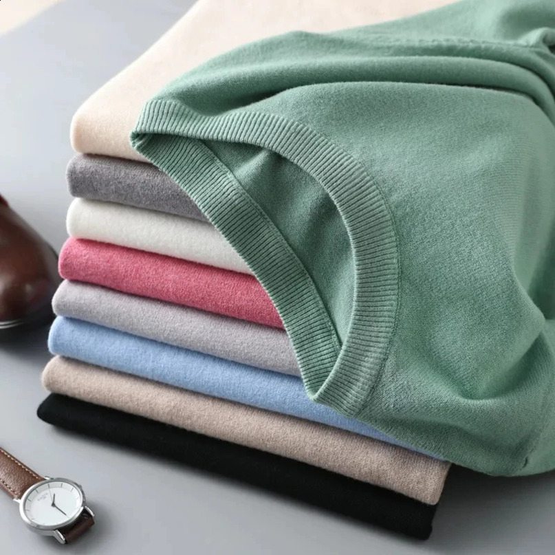 Superfine Merino Wool T Shirt Mens Knitted Oneck Breathable Thin Cashmer Short Sleeve Tee Solid Color Tops 241021