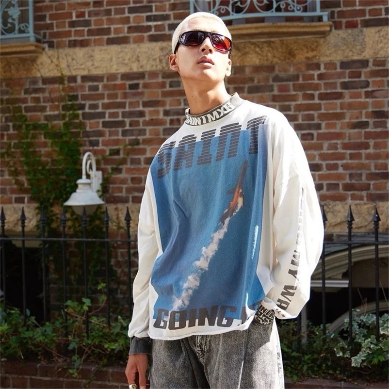 Y2K Retro Top 24SS Inkjet Printed Retro Letter Casual Long Sleeve T-shirt Loose Trendy Pure Cotton 241112
