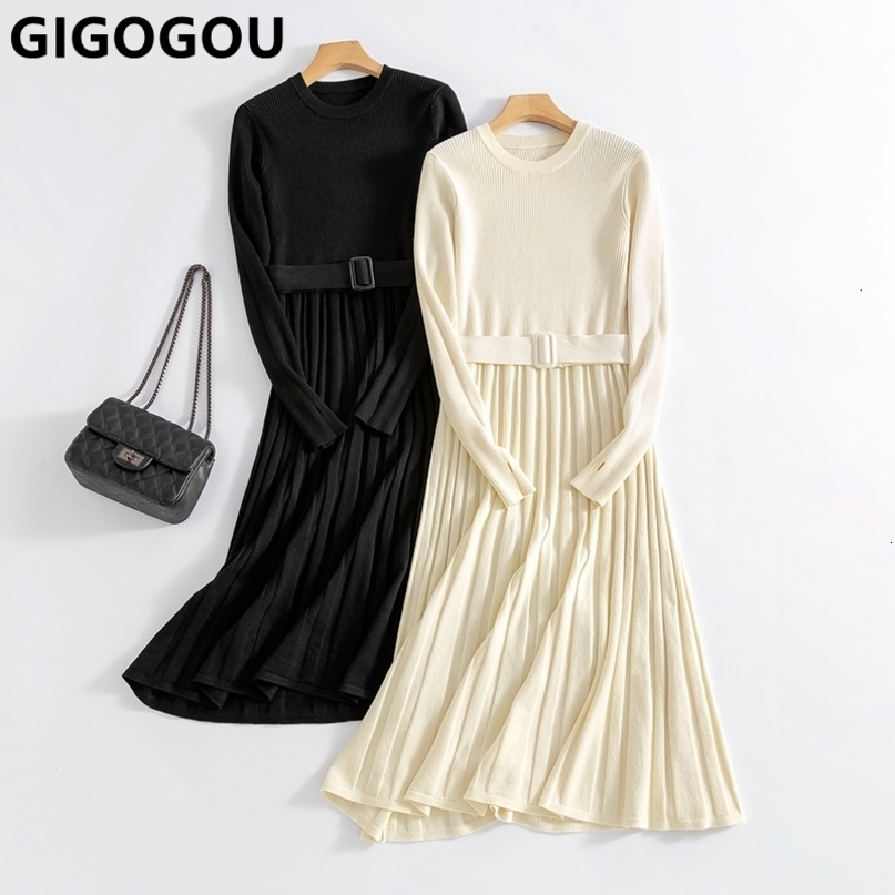 Casual Dresses GIGOGOU Chic Long Knit Women Maxi Sweater O Neck Winter Thick Warm A Line with Belt Woman Pleated Midi 230313