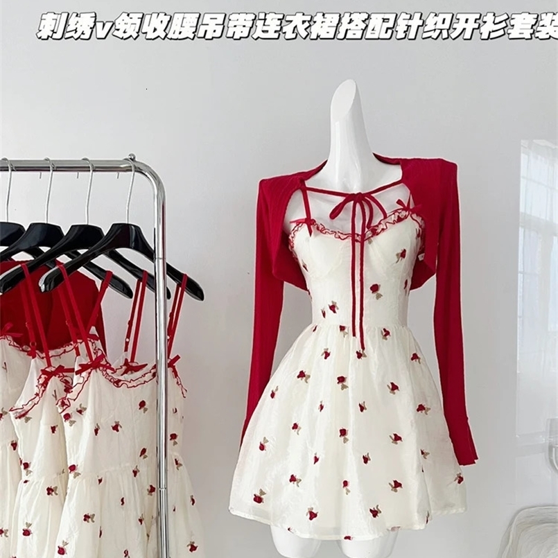 Woman 2 Piece Chiffon Halter Patchwork Skirt Set Outfits A-Line Dress Square Neck Knit Pullover Long Sleeve Cardigan Sweet Desig 240829