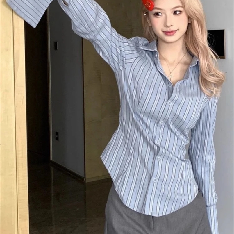 Long Sleeved Shirts Women Striped Office Lady Slim Y2k French Versatile Leisure Fashion Streetwear Simple Classic Spring Stylish 240731