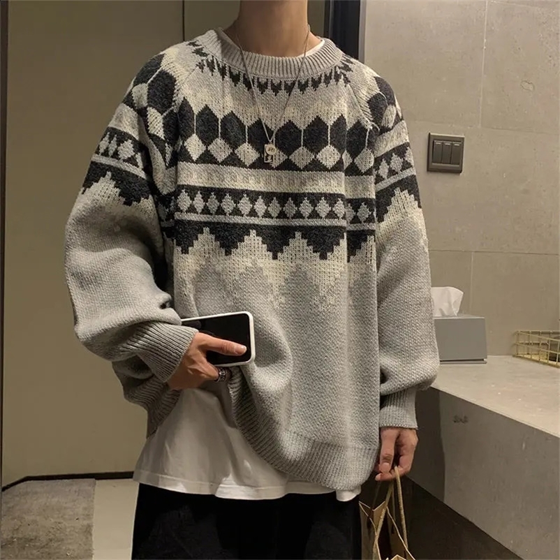 Men Clothing Autumn Winter Vintage Trendy Oversized Streetwear Y2K Knitted Sweater Youth Korean O Neck Long Sleeve Pullover Tops 240913