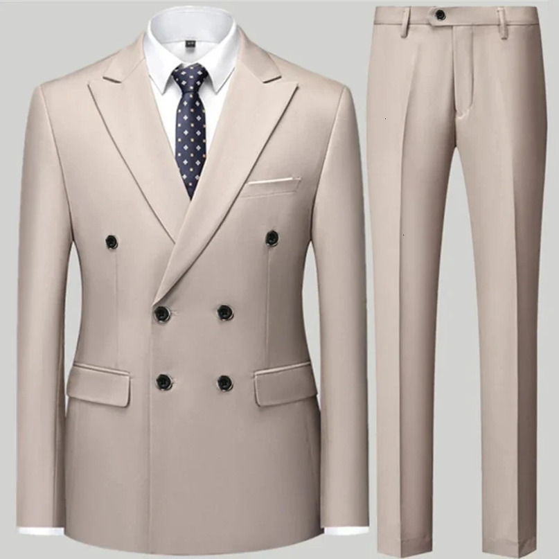 Fashion Mens Casual Boutique Double Breasted Suit Trousers Mans Business Jacket Blazers Coat Pants 2 Pcs Set 240412