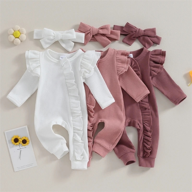 0-12months Baby Girl Spring Autumn Jumpsuit Solid Color born Girls Flying Sleeve Ruffled Zipper Romper With Bow Headband Set 250526