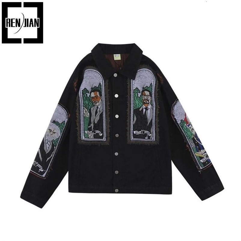 Mens Fashion Hip Hop Denim Jacket With Embroidery Hi Street Loose Fit Jeans Coat Y2K Vibe Style Oversized Outerwear 240408