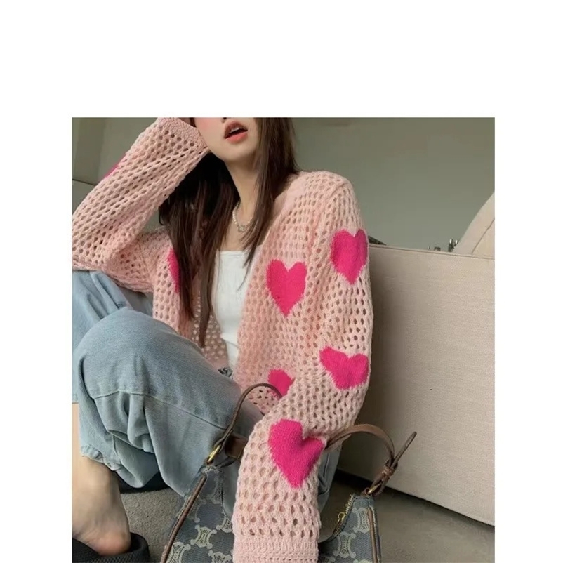 Spring Autumn Womens Geometric Solid Hollow Out Long Sleeve Hole Screw Thread Sweater Knitted Cardigan Coats Casual Elegant Top 240703