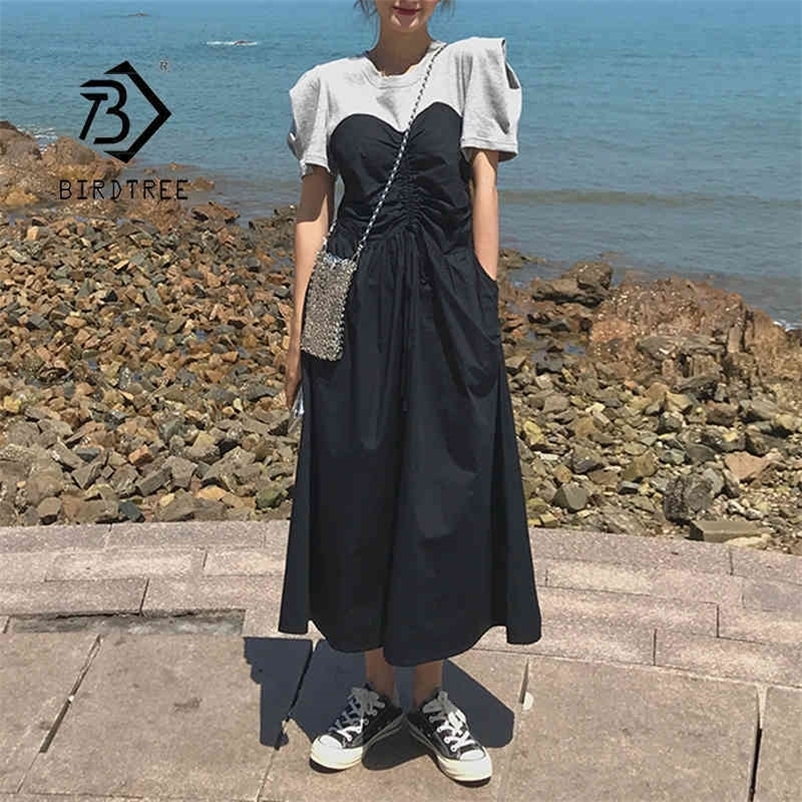 Summer Women's French Style Vintage Patchwork Long O-Neck Short Puff Sleeve Elegant Casual Mid-Length Dress Lady D13205X 210416