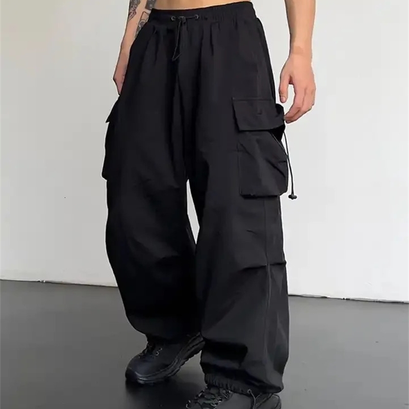 Spring Summer Fashion Casual Pans For Men Streetwear Solid Color Cargo Pants Elastic Waist Wide Leg Mens Joggers 240814