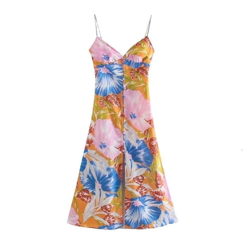 PUWD Sweet Women V Neck A-line Dress Summer Fashion Ladies Beach Style Female Tropical Printed Suspender 210522