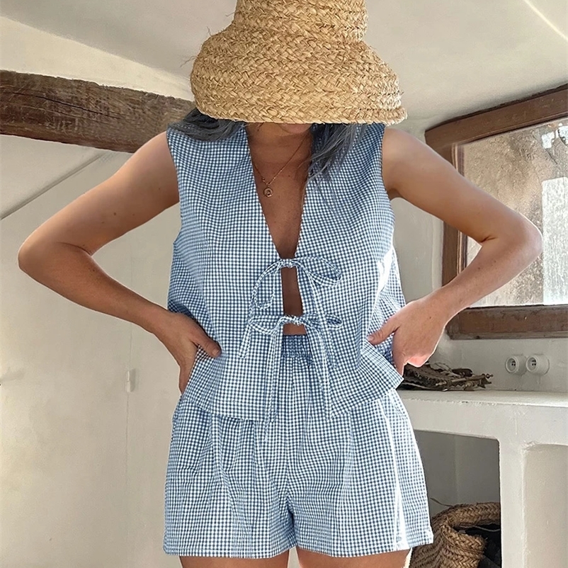 Womens 2-piece shorts set plain weave lace V-neck sleeveless vest elastic waistband shorts casual wear 250317