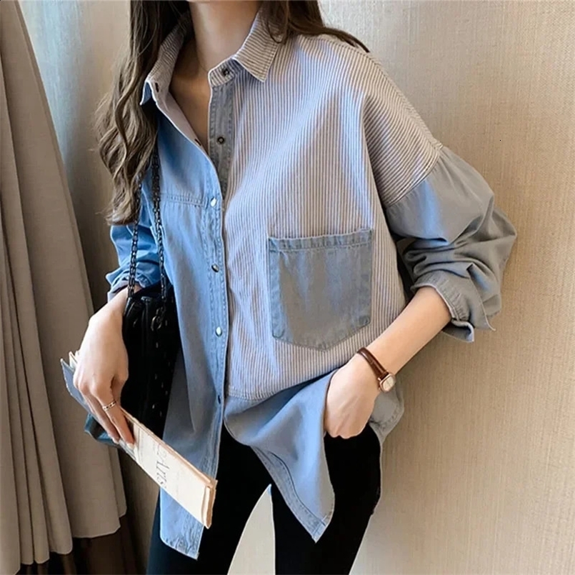 Spring Autumn Women Fashion Patchwork Denim Shirts Korean Style Female Long Sleeve Single-breasted Tops Vintage Jean Blouse 240731
