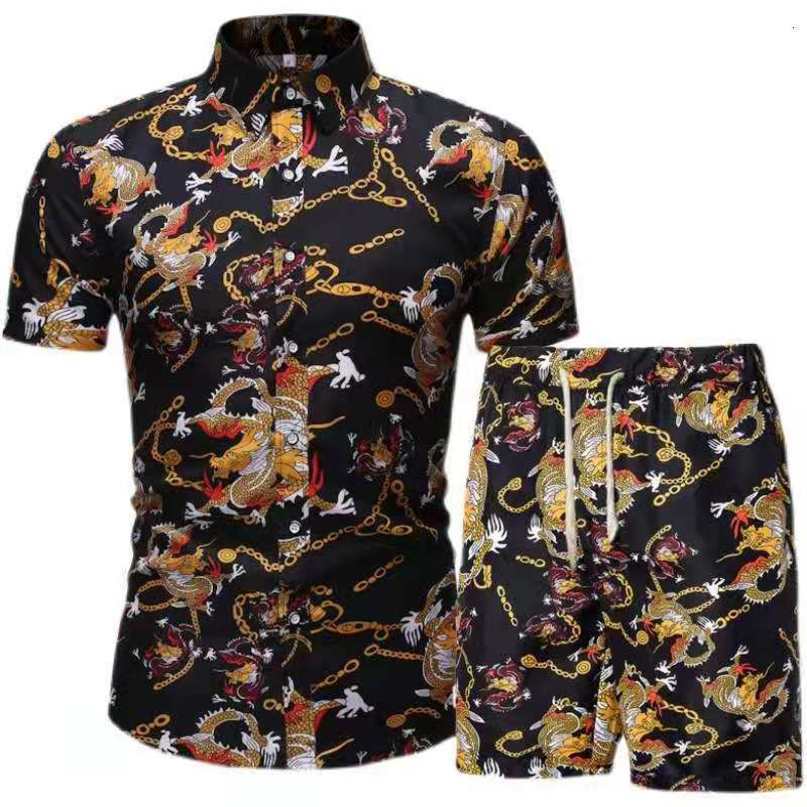 Mens Tracksuits Hawaiian Print Short Sleeve Shirt Set Beach Coconut Shorts Daily Twopiece 230418