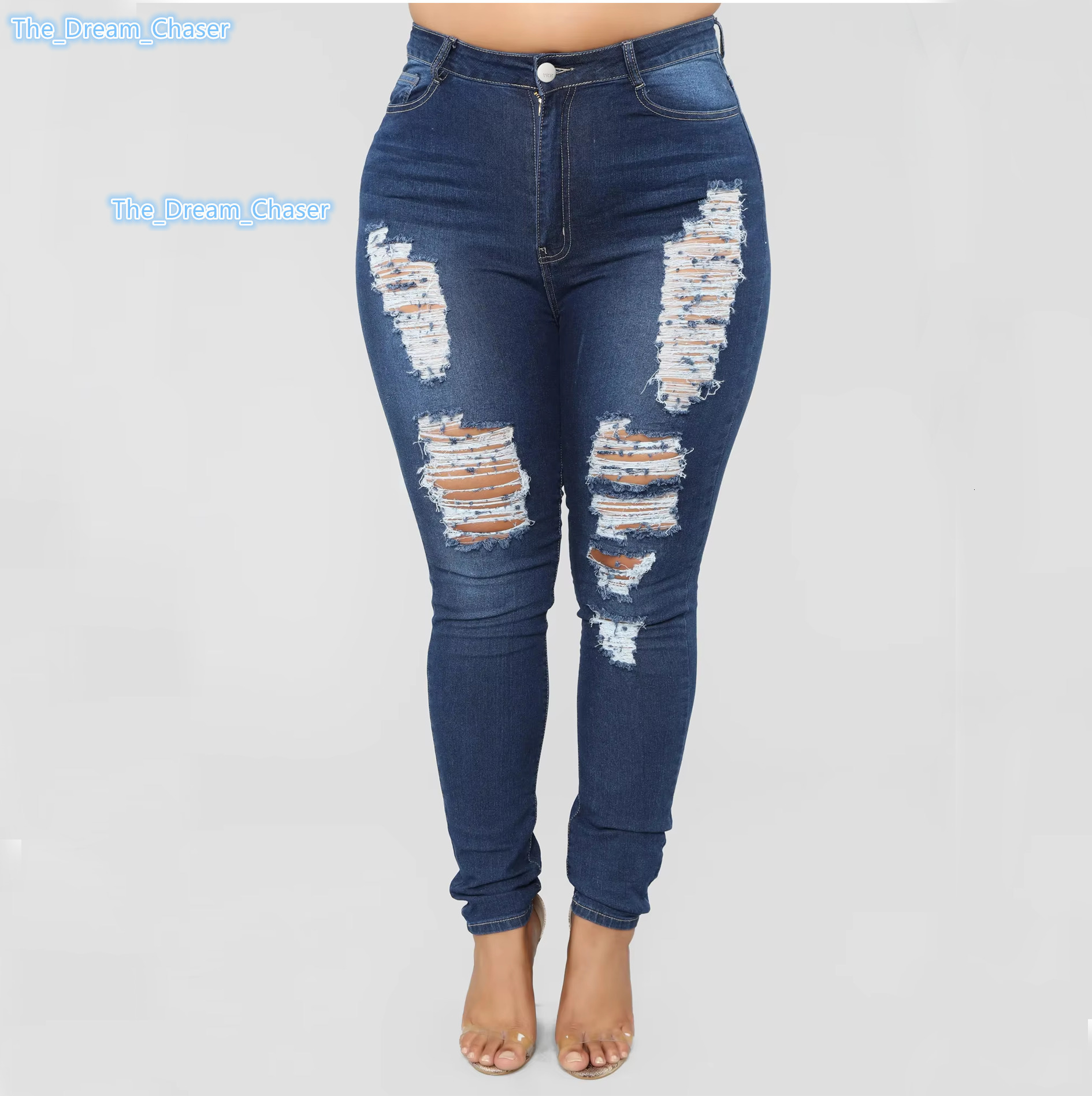 Womens Plus Size High Waist Ripped Jeans Elastic Solid Color Stretch Skinny Pencil Pants Casual Summer Trousers Ripped Holes