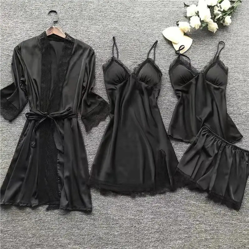 4PCS Sleepwear Pajamas Set Silk Women Nightdress Lace Dress Robe Sleep Nightwear Solid Color Pijama Sets 250122