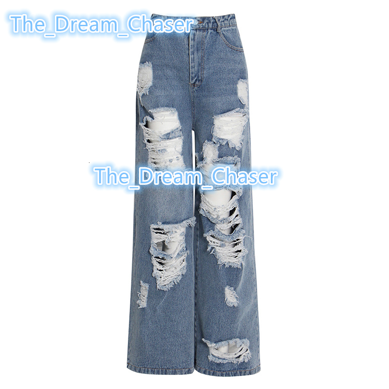 TWOTWINSTYLE Vintage Loose Blue High Waist Hollow Out Ripped Wide Denim WomenS Jeans