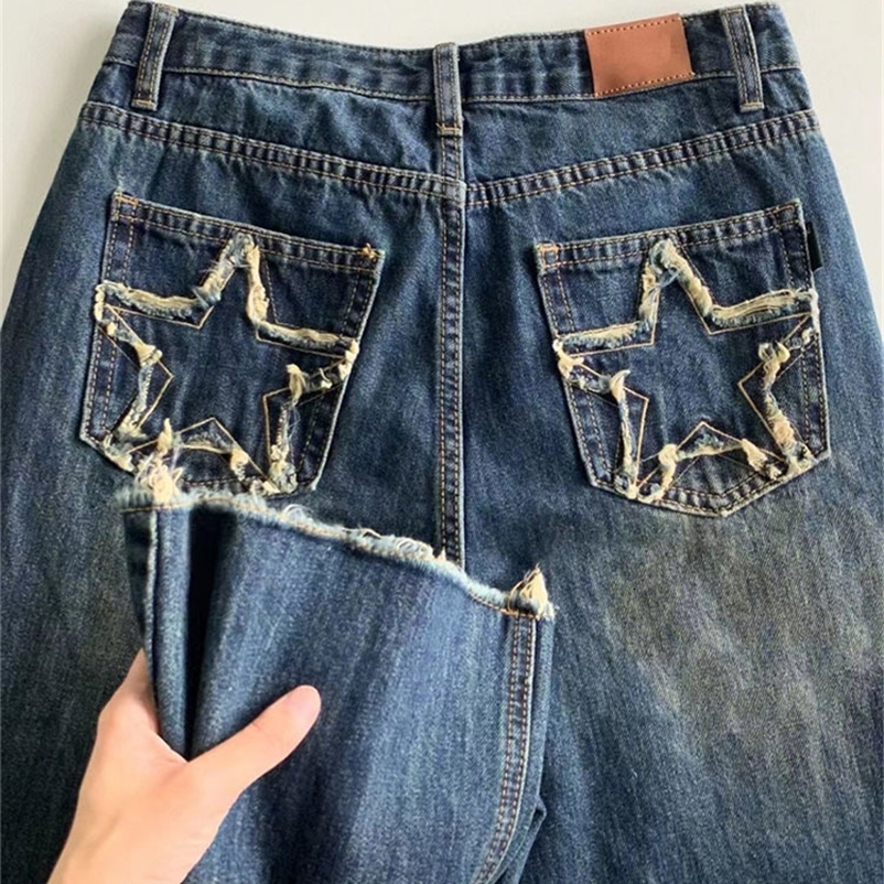 Jeans femminile femminile blu gamba jeans stella tasca vintage pantaloni dritti dritti in alto battito streetwear pantalone di jeans casual ladies 2