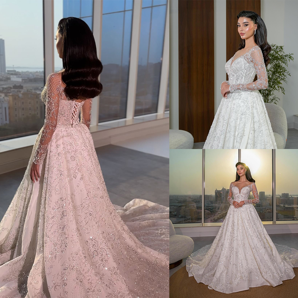 Luxury Wedding Dress For Women Sheer Neck Long Sleeves Bridal Gown Sequins Lace Sweep Train Dresses Custom Made vestidos de novia