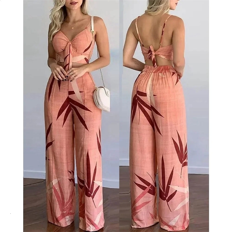 Summer womens tropical printed spaghetti strap casual lace strap top and high waisted pants set 2-piece set womens clothing 250317