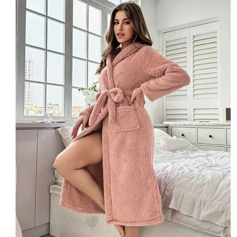 Winter Pink Nightgown Home Wear With Hooded Strap Pocket Belt Coral Fleece Casual Bathrobe Pajamas For Women Z250924