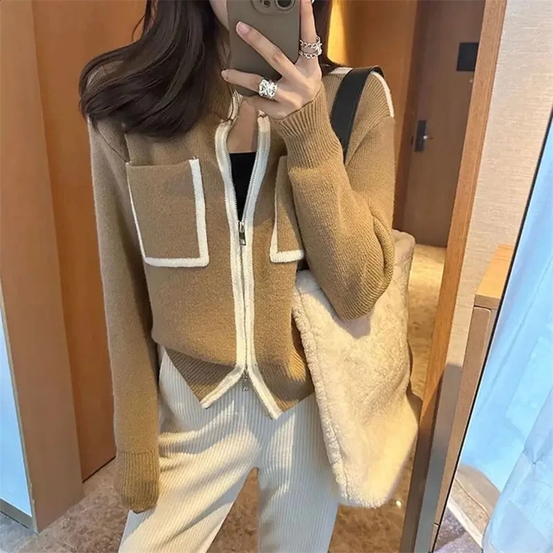 Xpqbb Korean Fashion Knitted Cardigans Women Autumn Winter Double Open Zipper Sweater Coat Female Long Sleeve Short Knitwear 240724