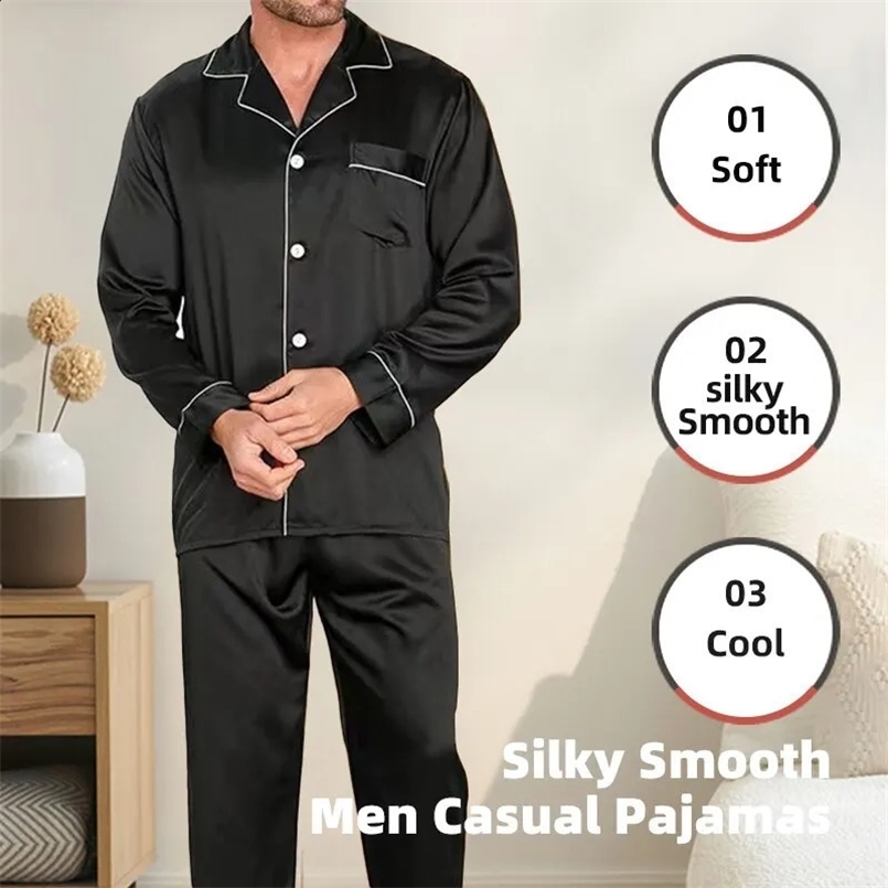 Men Ice Silk Pajamas Sleepwear Pajama Sets Nightclothes Black Blue L XXL 3XL 4XL Long Sleeves Long Pants Smooth Solid Color 240929