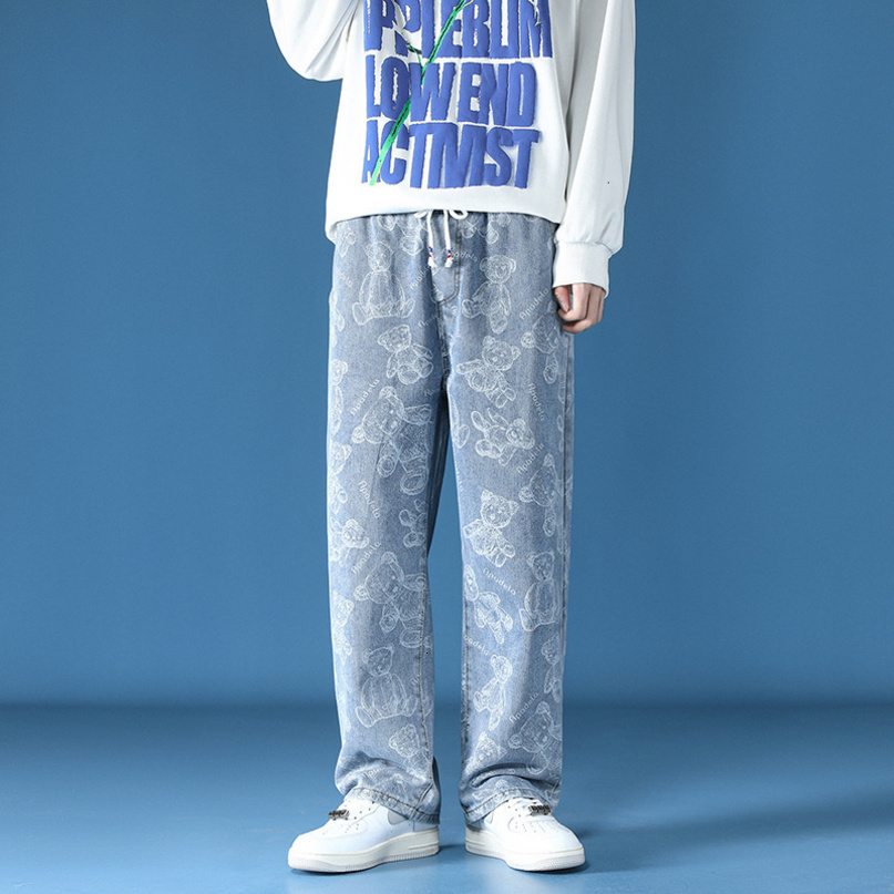 Mens Jeans High Street Bear Print Straight Baggy For Men Casual Korean Fashion Denim Trousers Male y2k Streetwear Jean Pantalones 230420