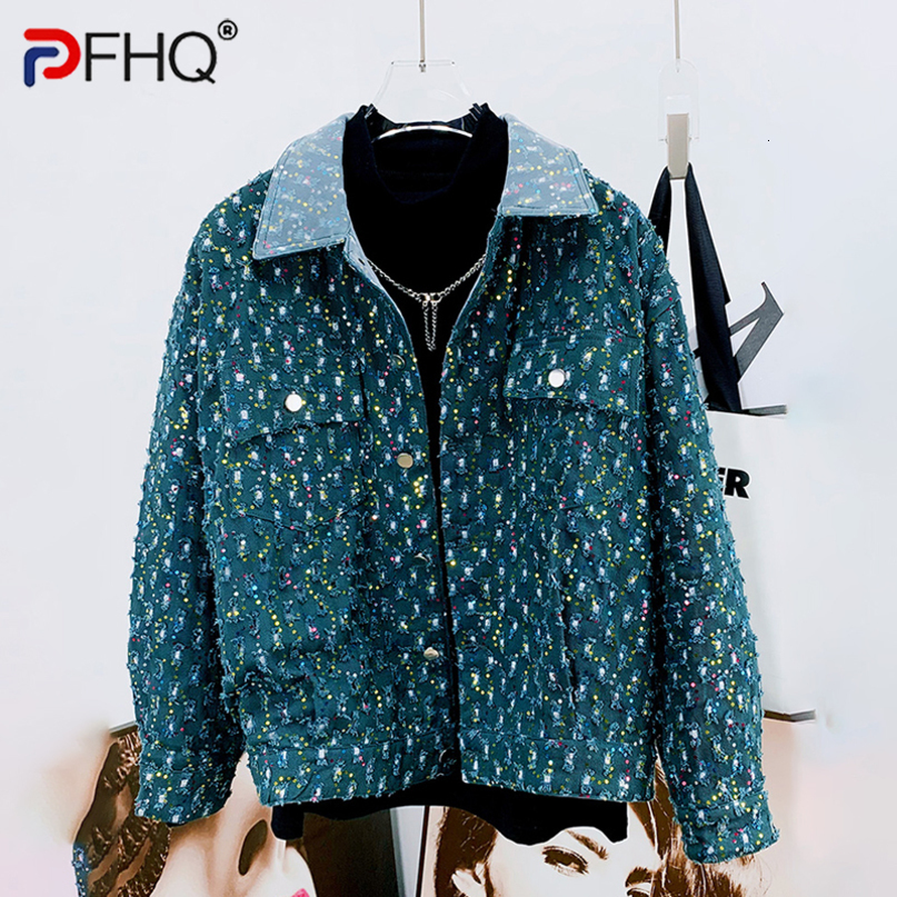 Mens Jackets PFHQ Autumn Fashion Sequins Denim Personality Bead Safari Style Worn Out High Street Pocket Versatile Coat 21Z1235 230809