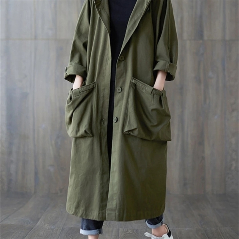 Women's Trench Coat Spring Autumn Outerwear Hooded Pockets Loose Casual Women Clothing Vintage Windbreakers Jackets 240109CJ