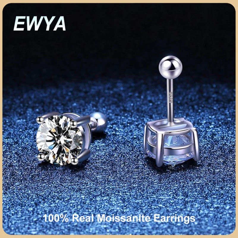 EWYA S925 Sterling Silver D Color 1 Screw Earrings For Women Fine Jewelry 18K Plated 4 Prong Party Earring Gift 240109
