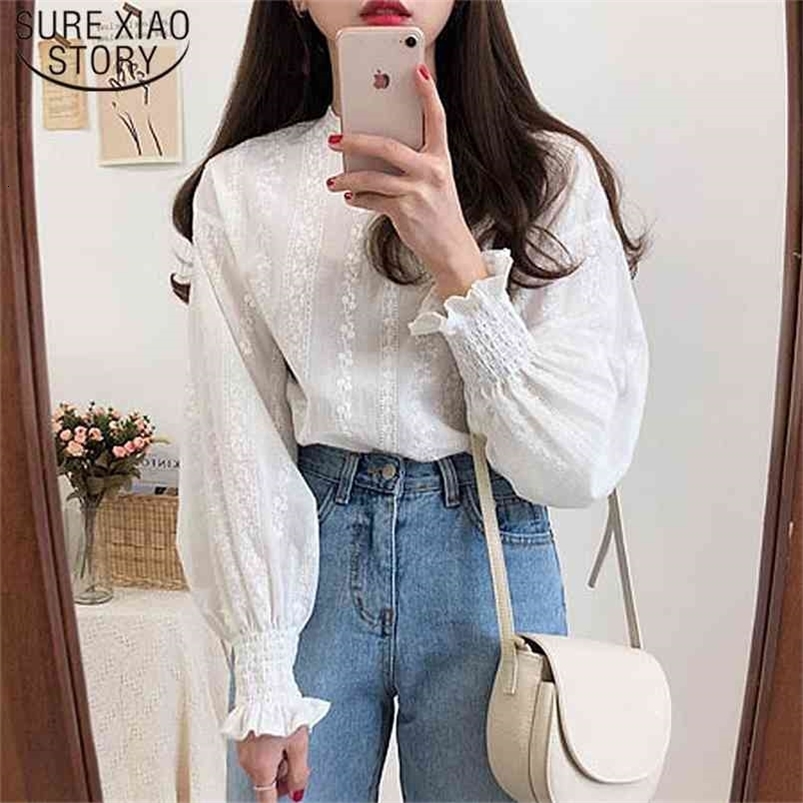 Plus Size Women Blouses Femme Embroidery Lace Shirt Spring Casual White Tops Long Sleeve Linen Cotton Girls Blouse 6874 50 210506