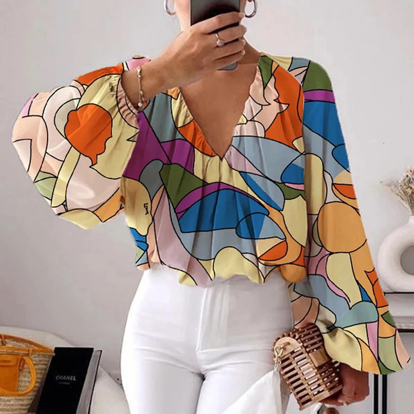 Fashion Vneck Pattern Printed Loose Top Ladies Elegant Office Long Sleeved Pleated Pullover Spring Casual High Street Shirt 240328