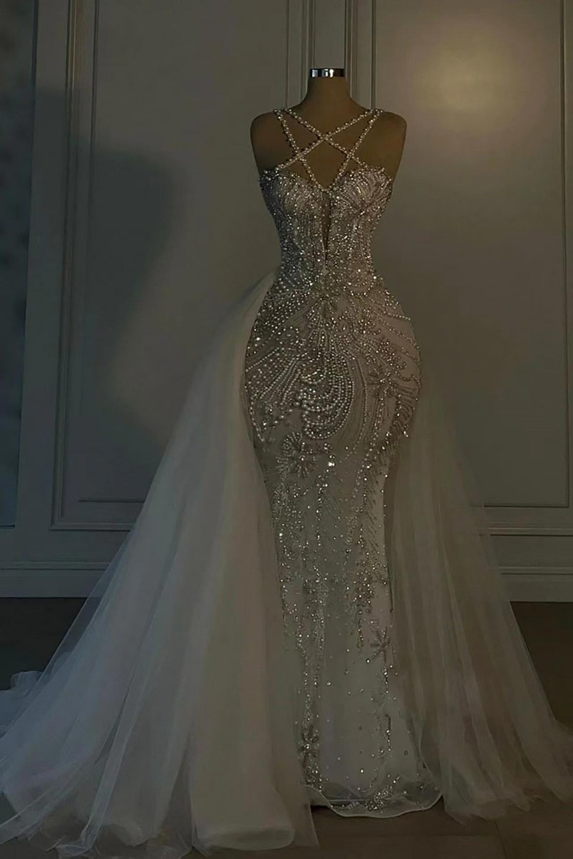 Heavy Majoring Beadings Mermaid Wedding Dress Sexy V-Neck Spaghetti Strap With Detachable Skirt Bridal Gowns Luxury BC20201