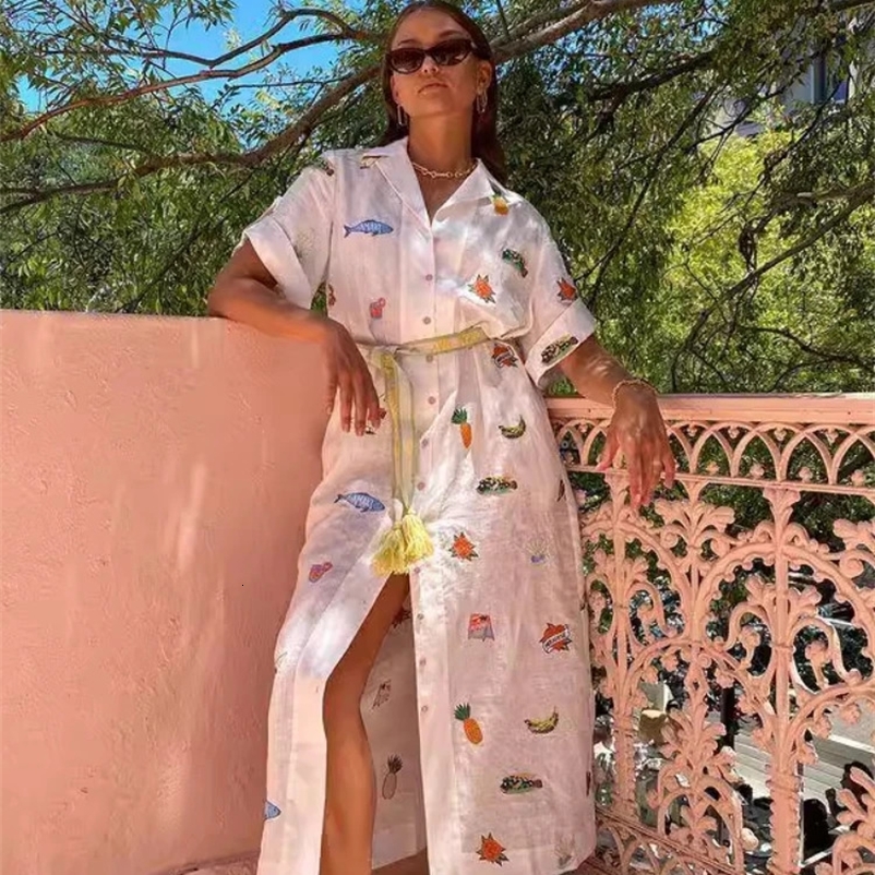 Women Printed Long Dress Short Sleeve Belt Buttons Dress Ladies Loose Vestidos Summer Holiday Hawaii Beach Casual Robe 240423