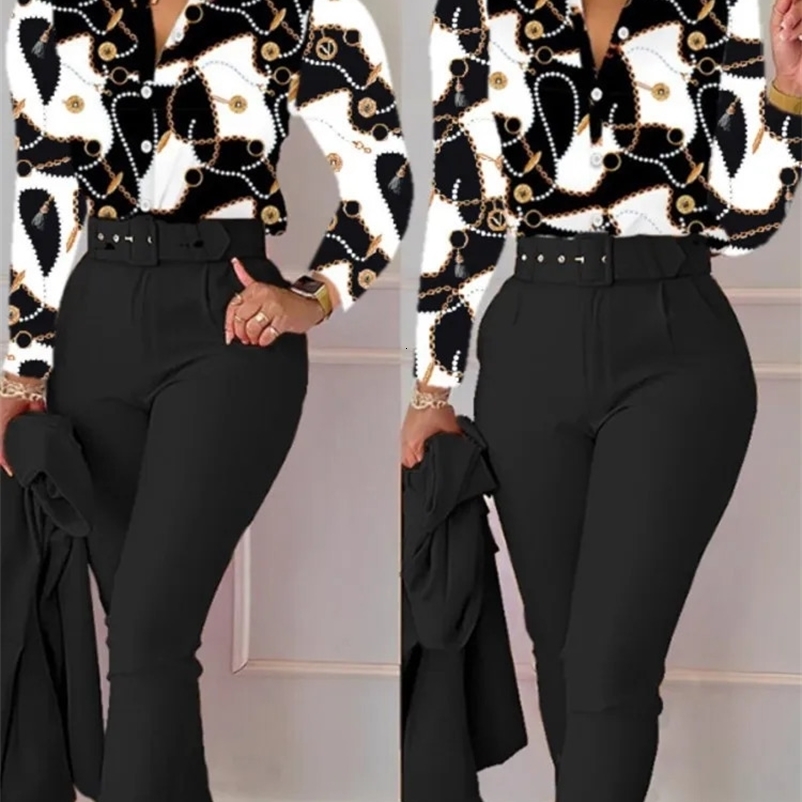Elegant womens printed two-piece set with spring and autumn V-neck long sleeved shirt top and pants set including workwear set 250317