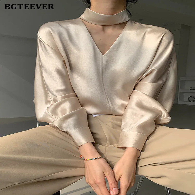 BGTEEVER Elegant V-neck Ladies Pullovers Blouses Tops Long Sleeve Loose Women Satin Shirts Spring Female Solid Blusas 241213