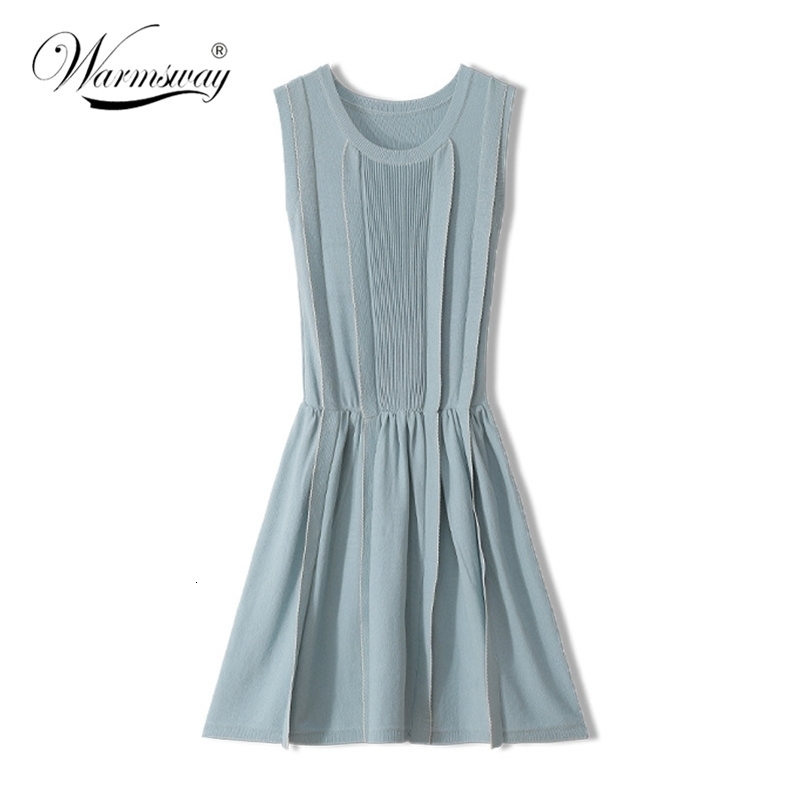 Fashion Blue Solid Sleeveless Bodaycon Dress Women Slim Pleated Casual Knitted Midi Elegant C-058 210522