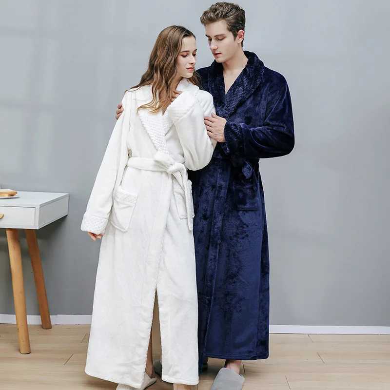 Womens LongSleeved Coral Fleece Couples Bathrobe with Thickened Lining Mens Flannel Nightgown Winter Oversized Homewear Robe Z250924